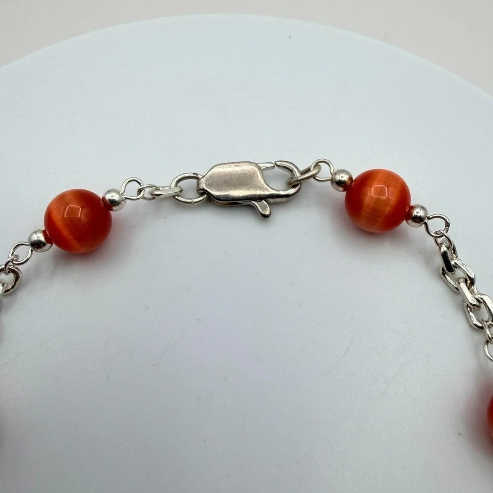 Vintage 90s Women's Silver Tone Chain Burnt Orange Bead Station Bracelet Jewelry